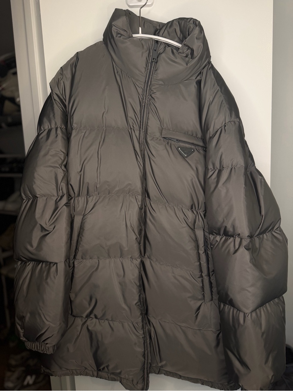 Prada Men’s Grey Oversized Down Jacket with Velcro foldable hood